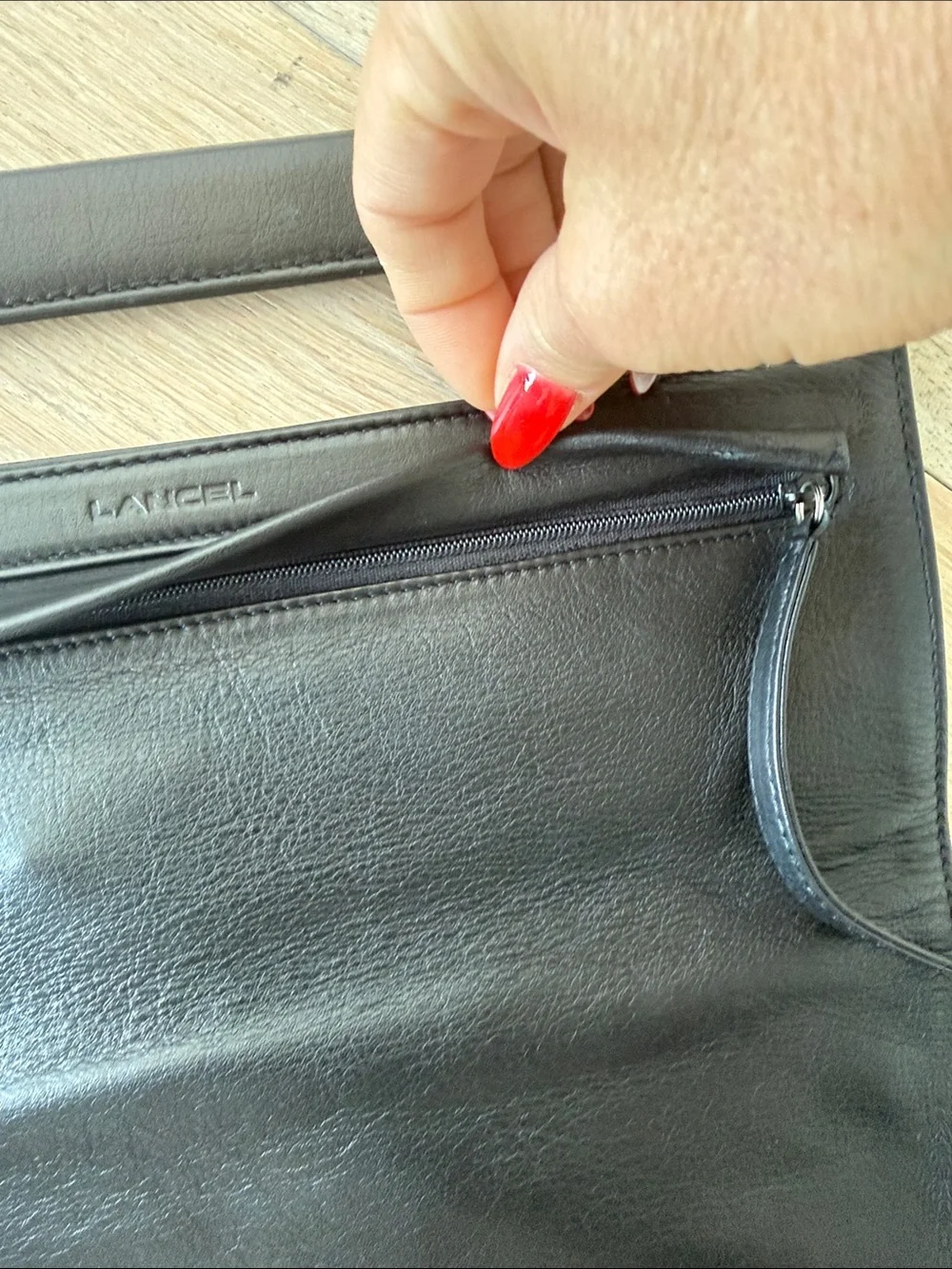Black Leather Handheld Briefcase Clutch by LANCEL